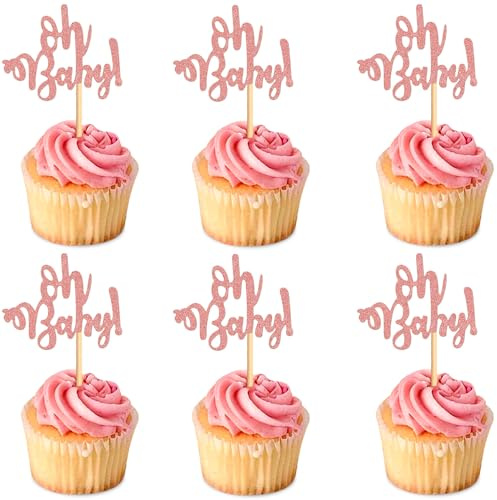 Ercadio 24 Stück Oh Baby Cupcake Topper Rose Gold Glitzer Baby Shower Cupcake Picks Jungen Mädchen Geburtstag Party Kuchen Dekorationen