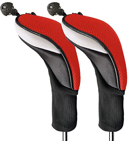 FINGER TEN Golf Club Head Covers Woods Hybrids Long Cover, Headcovers with Interchangeable No. Tags Fit All Hybrids Wood Clubs Light Durable (Red-2 Pack Hybrid Covers)