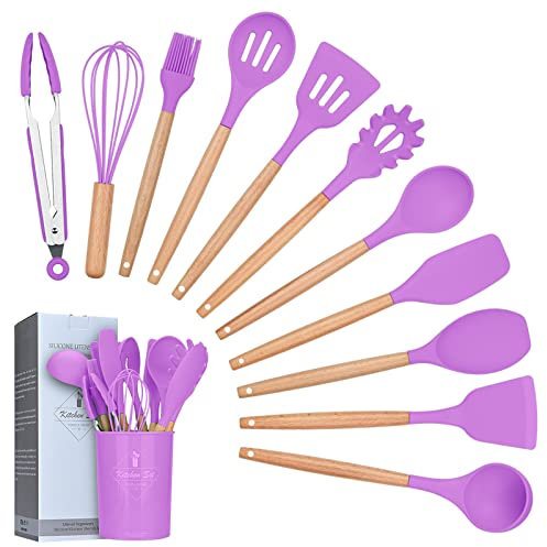 Ustensiles de Cuisine,Lychee 12PCS Kit d'Ustensiles de Cuisine en Silicone et Bois, Ustensiles Cuisine Antiadhésive Set avec Pot de Rangement,Silicone de qualité Alimentaire (Violet)