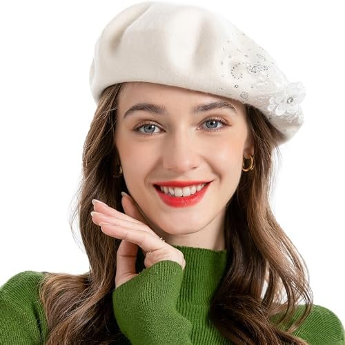 ZLYC Damen Wolle Baskenmütze Klassische Französischen Barett Warm Beret Mütze (Blume Weiß),Einheitsgröße