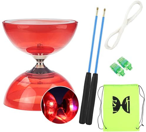 Diabolo avec Roulement à Billes - Kit de Jonglerie Triple Roulement avec Clignotant et Corde de Rechange de 10 m - Barre Professionnelle - Sac de Rangement - Rouge