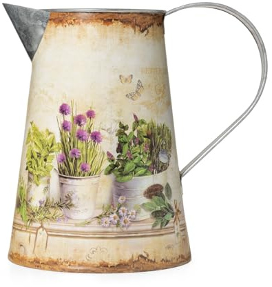 Moritz Deko Gießkanne 19 cm Vintage-floral – Kräuter Motiv Edelrost Blech | Krug in Zinkoptik, Blumenvase, Trockenblumen Vase, Landhausstil, Shabby Chic, Küche, Regal, Tischdeko, Geschenk, nur Zierde