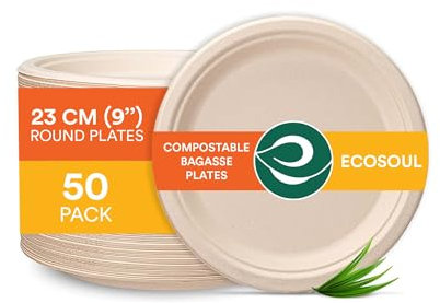 ECO SOUL 100% Compostable 23cm (9) Inch Paper Plates [50-Pack] Disposable Bulk Party Plates I Heavy Duty Eco-Friendly Sturdy Dinner, Wedding, Event I Unbleached Sugarcane Eco