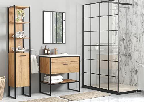 PIASKI Brooklin II - Set di mobili da bagno, 80 cm, mobiletto per lavabo con gambe, lavabo da incasso, stile industriale, loft, colore rovere/nero (con lavandino)