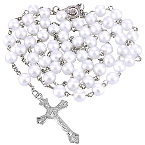 Karjiaja Chapelet catholique en perles blanches - Collier de perles de verre avec breloques crucifix - Long chapelet de prière - Collier de perles catholiques pour homme et femme, perles de verre,