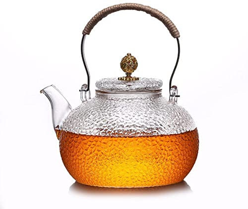 FIYSON Tetera de cristal transparente, 900 ml de cristal, con tamiz, olla martillada con tetera engrosada, tetera de cristal para té suelto, diseño para disfrutar del té (sin fuente)