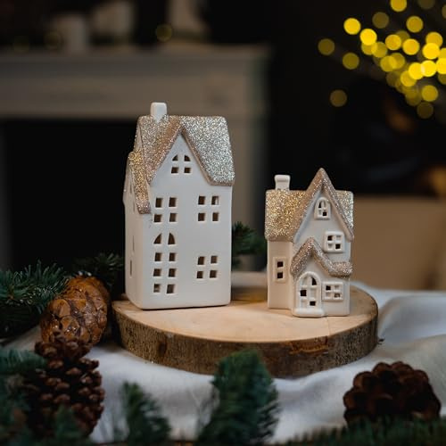DARO DEKO Keramik LED Haus - weiß Gold Glitzer - 8 x 17 x 6 cm - Lichthaus