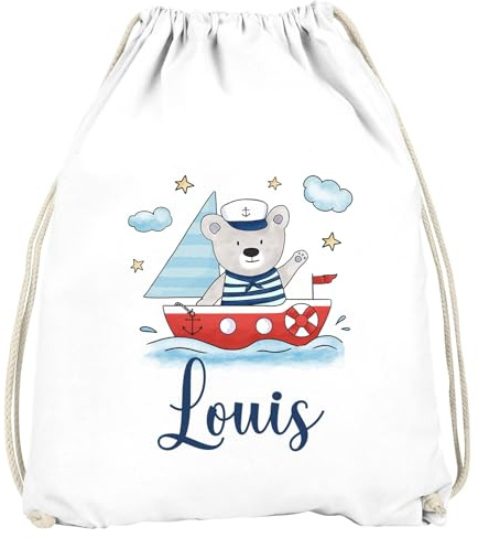 SpecialMe® Kinder Turnbeutel mit Name Bär Boot Segelboot Aufdruck Motiv personalisierte Geschenke Mädchen Jungen Weiss unisize