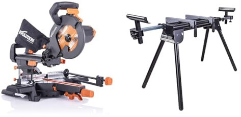 Evolution Power Tools - Scie à Onglets Coulissante Multi-Matériaux R210SMS+ avec le Pack Plus, 210 mm (230 V) & Power Tools - Support pour Scie à Onglet avec Extensions