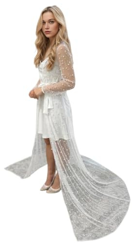 ruthyuexin Pearl Long Sleeve Wedding Jacket Tulle Party Shawl BOLERO Floor-Length Bridal Cape Sexy pearl robe(white,S)