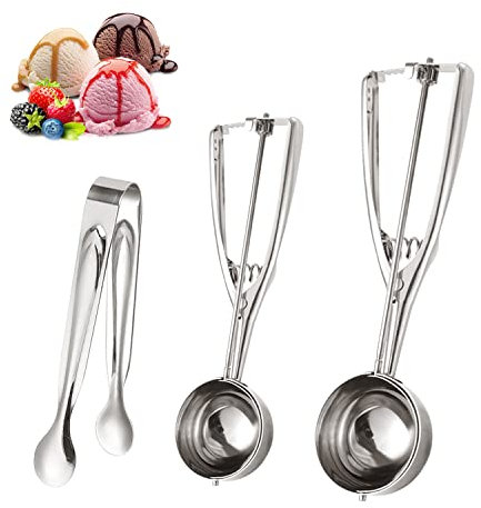 Juego de 2 cucharas de helado de acero inoxidable de 4 cm, 5 cm y 1 pinzas pequeñas de punta redonda para helado de catering bufé de helado, cucharas de helado, cucharas para helado, tartas, melones