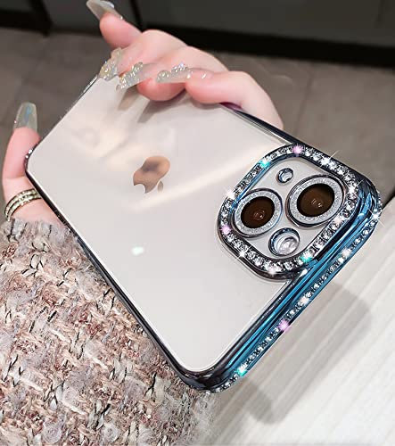 Tybiky Glitzer Hülle Kompatibel mit iPhone 14 Pro Max, Diamant Glitzer Schutzhülle für Mädchen, Transparent stoßfest Bumper Handyhülle für iPhone 14 Pro Max, Far Peak Blau