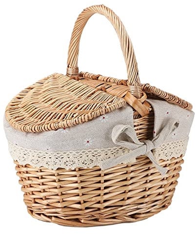 BEIJIALY Picnic Baskets, Wicker Picnic Basket with Liner Split Lid Picnic Basket Picnic Hamper Woven Baskets with Handles, Picnic Storage Basket with Double Lids, Bread Storage Basket(#1)