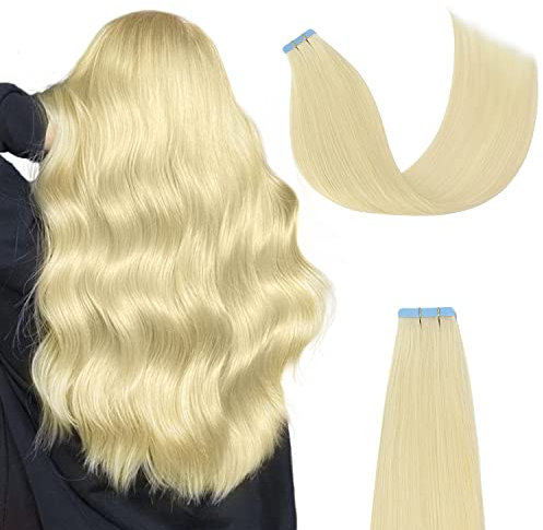AGMITY Tape in Extensions Echthaar, 55cm 20pcs 50Gram 22 Zoll Platin Blond Remy Invisible Seidig Gerade Nahtlos #99J Tape in Remy Haarverlängerungen(55cm #60 Platin Blond)