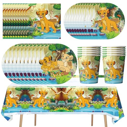 91pcs Vaisselle Fête d'Anniversaire, Assiette, Serviettes en Papier, Tasse, Couteau et Fourchette, Pailles, Nappe,Les Couverts Fête Du Roi Lion -10Invités
