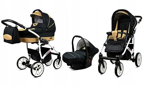 BabyLux® Kinderwagen Set 3 in 1 - Largo - incl. Babywanne, Buggy Sportsitz, Auto-Babyschale - Autositz - Kinderwagenset - Kombikinderwagen mit Wickeltasche, Regenschutz usw.