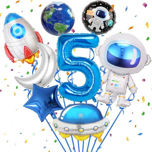 Weltraum Astronaut Folienballon,Zahl 5 Geburtstag,8 Stück Astronauten Raketen Raumschiff Stern Mond Runde Folienballons,Kinder Geburtstag Deko,Jungen Kindergeburtstag Dekorationen Party Zubehör