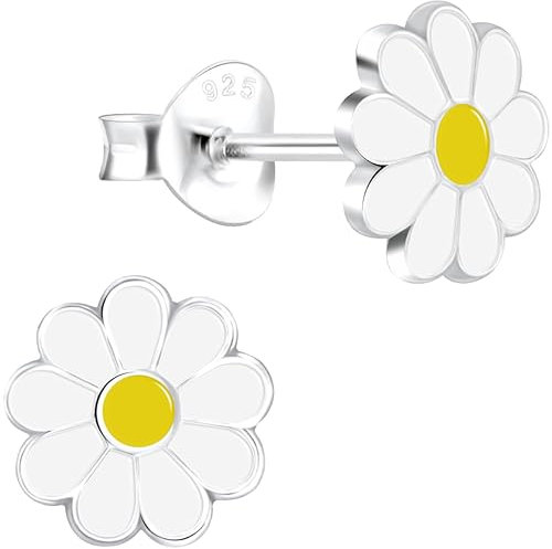 JAYARE Kinderohrringe 925 Silber – Mädchen Ohrstecker Blume Gänseblümchen 7mm – Weiß Gelb – Blüten Ohrstecker für Kinder Geschenk