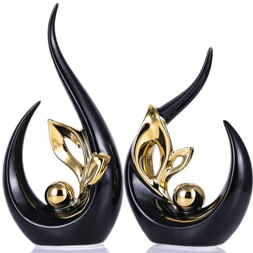 XMGZQ Schwarz und Gold Keramik Statue Satz von 2,Moderne Abstrakte Skulptur Design,24 cm Porzellan Figuren Haus Deko,Tischdekoration für Wohnzimmer,Schlafzimmer,Esszimmer,Büro,Kunststatue