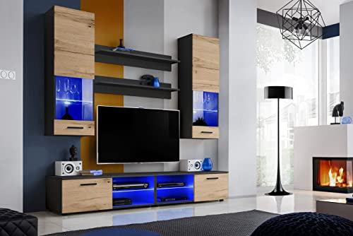 Komodee, Wohnwand Wohnzimmerset RTV Varallo, Wotan Matt/Schwarz Matt, Breite 200cm x Höhe 195cm x Tiefe 45cm, Ohne LEDs, für Wohnzimmer, Schlafzimmer