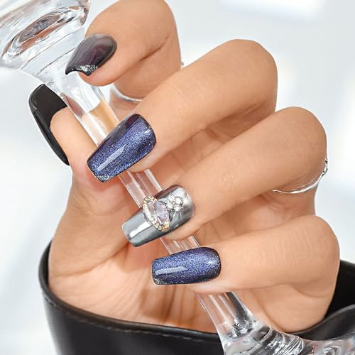 Sethexy Short Ballerina Press On Nails Blue Glitter False Nails 3D Rhinestone Acrylic Fake Nail Salon Quality For Women and Girls 20PCS (J)