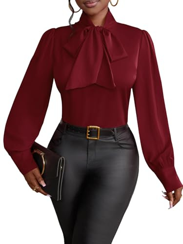 Vrtige Women's Elegant Bow Tie Neck Long Sleeve Blouse Office Shirt Top, Burgundy, XS