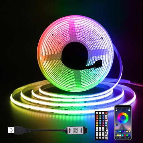 XUNATA RGB USB COB LED Streifen, 5V 576LEDs/M COB LED Strip Superhell Hohe Dichte Flex LED Lichtband, Smart App Control, Musiksync, für Innen Aussenbereich Hausbeleuchtung Party DIY Deko (5M)