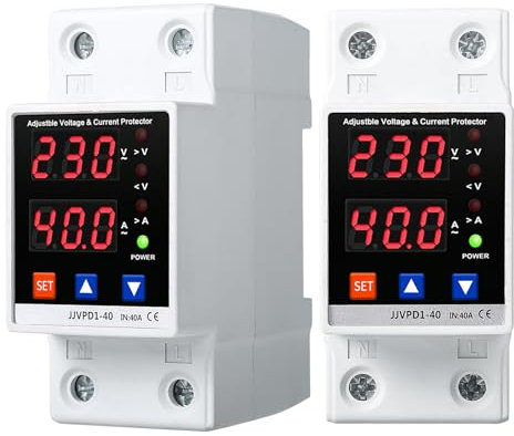 Jadeshay Regolatore di tensione,1Pz AC220V 40A Protezione Corrente di Tensione Dispositivo di Protezione da Sovratensione e Sottotensione,Relè di ripristino Regolabile Intelligente Doppio Display LED