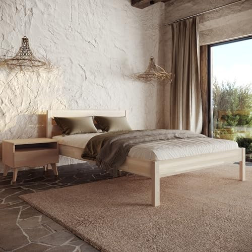 Hansales Holzbett 140x200cm Kaja Holzbett mit Lattenrost, Bettgestell mit Kopfteil, Doppelbett aus massivem FSC® Birkenholz, Bettrahmen belastbar bis 350kg mit klarem Öl beschichtet