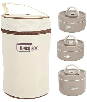 BORDSTRACT Récipient à Déjeuner Isolé, Boîte à Bento Thermique Ronde Portable Multifonction Scellée En Acier Inoxydable 304 Avec Sac Thermique(Couleur café profond 3 pièces)