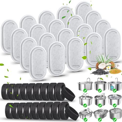 40 Pack Cat Water Fountain Filters, Eyehoce Cat Fountain Filters Replacement for Stainless Steel 108/3.2L& 67oz/2L Adjustable Water Flow Pet Water Fountain, 20 Activated Carbon Filters+20 Sponges