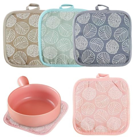 4 Pezzi Presine da Cucina in Cotone, 17 * 17 cm Quadrato Forno Microonde Potholders Design Quadrato e Simpatico con Motivo a Foglie Resistenti al Calore Facili da Appendere per Forno e Microonde