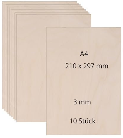 Mat-Haus 10 Stück A4 Sperrholzplatte 3mm (210 x 297 mm), Holz Platten, DIY Holzarbeiten, Geschenke, Deko, Birkensperrholz, Sperrholz für Laserschneiden, Lasergravur