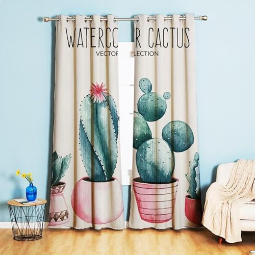 Vorhänge Kaktus Grüne Pflanzen Gardinen Weich Verdunklungsvorhänge Thermovorhang Vorhang Blickdicht Gardinen mit ösen Vorhänge Wohnzimmer Schlafzimmer Waschbar Curtains(2x140x250cm)
