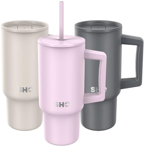 SHO XL Tumbler - Insulated Stainless Steel Reusable Water Bottle Iced Coffee Travel Mug with Handle, Straw Lid & Slider Lid - 900ml / 30 oz - Cold 24 Hours - Hot 12 Hours (Pale Lavender, 900ml)