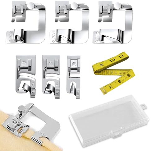 Nähfüsse Edelstahl Nähfuß Nähmaschine Silber, Rollsaumfuss für Nähmaschine - 6Teiliges Nähfüße Set-Hochwertiges Nähzubehör-Set, Zubehör mit Maßband, Perfekt für Haushaltsnähmaschinen, Größen: 3/4/6 mm