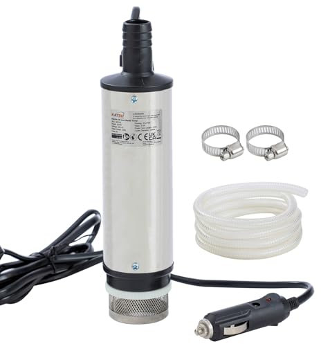 KATSU Tools Bomba de Transferencia de Combustible Diesel de 12V 51mm, Bomba de Agua Sumergible de Acero Inoxidable 60W, 33L/min, Filtro Extraíble y Manguera de 3m para Coche Camión Lancha Rápida