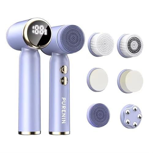 PURENIN - 6in1 Set - Elektrische Gesichtsreinigungsbürste, auch für unterwegs, 360 Grad Rotation des Bürstenkopfes, wasserdicht nach IPX6, elektrischer Gesichtsreiniger (Lila)