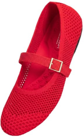 Frank Mully Mary Jane Ballerinas für Damen, bequeme elegante Ballerinas, lässig, runde Zehenpartie, zum Reinschlüpfen, waschbar, Strickstoff, Büro, Arbeit, Frauenschuhe