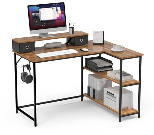 Mondeer Bureau d'angle en Forme L, Table de Bureau avec Étagères Rangement Réversibles, 120x90x90cm, Support d'Écran Amovible avec Tiroirs, pour Etudier Travailler Chambre, Marron Rustique