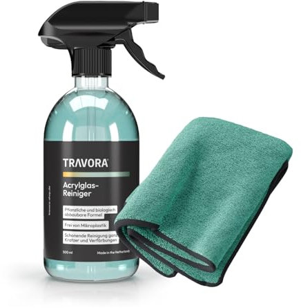 TRAVORA Premium Acrylglas Reiniger inkl. 3er Set Microfasertücher Auto - biologisch abbaubarer Fensterreiniger Wohnwagen - streifenfreie & materialschonende Reinigung mit dem Acrylglas Reiniger Set