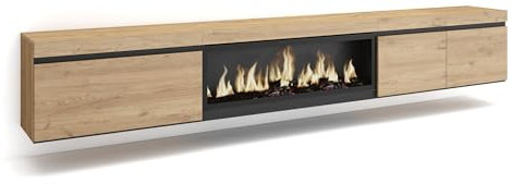 Skraut Home | TV-Schrank, Lowboard | für Wohnzimmer und Esszimmer | 288x45x35 cm | Für großformatiges TV | Elektrokamin XXL | Hängend | Moderner Stil | Eiche