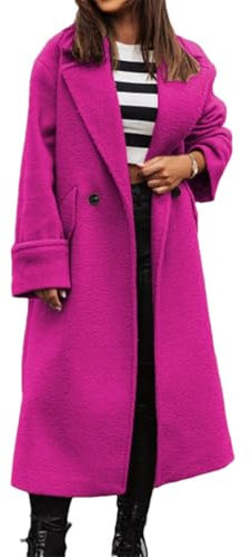 Abrigo de invierno para mujer, con cuello de punta, con un solo botón, abrigo largo y casual, fucsia, XL