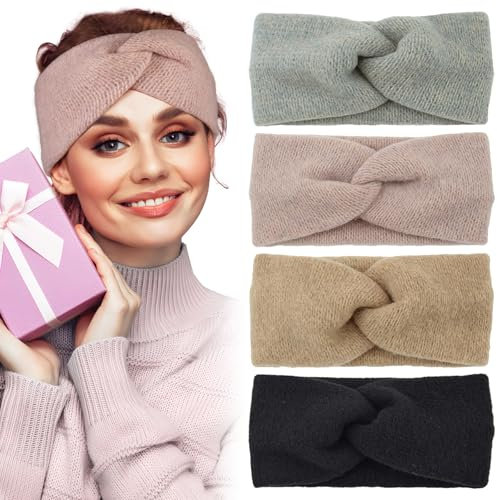 BOOMTOP 4Stk Stirnband Damen Feinstrick Winter Haarbänder Gestrickt Haarband mit Knoten Weich Strick Elastische Kopfband Mädchen Frauen Ohrenwärmer Winter Herbst Haarschmuck Schwarz Rosa Grau Kamel