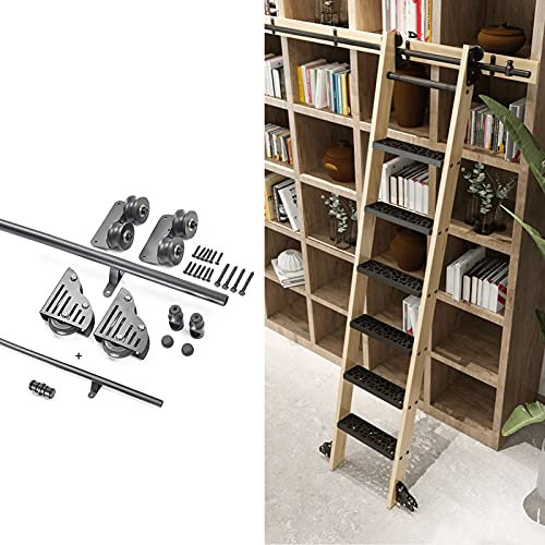 Rollleiter-Hardware-Bibliothek, Schiebeleiter-Hardware-Kit, 3,3 bis 20 Fuß runde Schiene (ohne Leiter), rustikales Schwarz, Mobile Leiterschiene für Zuhause/drinnen/auf dem Dachboden, mit BO