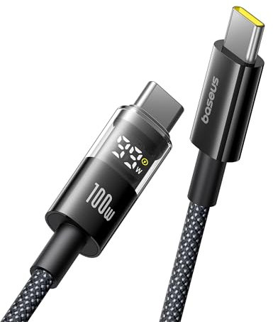 Baseus Cable USB C con Pantalla Digital, Cable de Carga Rápida Tipo C a C de 100 W con 480 Mbps, Cable Trenzado, Compatible con iPhone16/16Pro/16Pro Max/15, Samsung S24U, Macbook, Surface Laptop, 1m