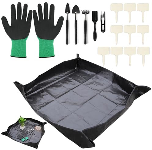 Votoko 17-teiliges Wasserdichtes Pflanzmatte-Set – Umtopfmatte für Zimmerpflanzen und Sukkulenten (100 x 100 cm, Schwarz) mit Gartenwerkzeugen, Handschuhen & Pflanzenetiketten