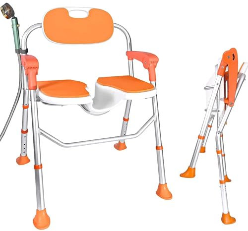 Duschstuhl für Senioren, Duschstuhl mit Lehne und Armlehnen, Duschstuhl Klappbar, Belastbar bis 180kg, Badestuhl mit Rutschfesten Fußpolstern (Orange Farbe, Duschstuhl für Senioren)