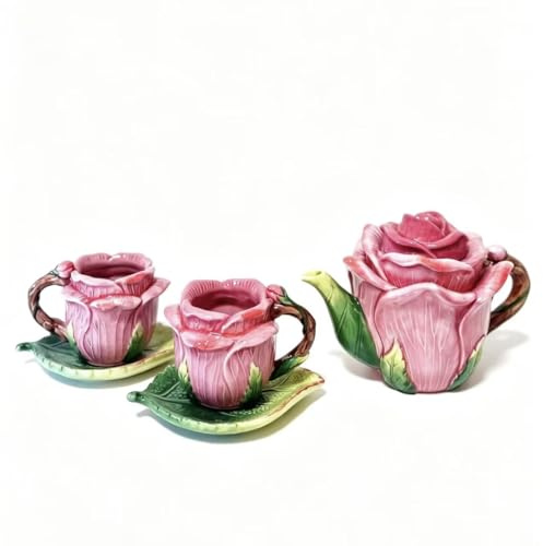 Minigift Ceramic Rose Tea Pot Set, 3D Hand-painted Rose Red Flower Cup and Green Leaves Saucer, Set of 5