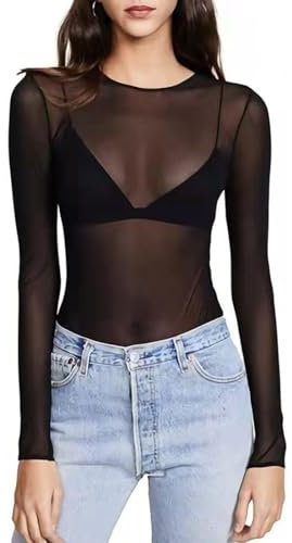 Mujer Camiseta Transparente Sexy Manga Larga camisetaTops, Sexy Malla Top Elegante Camiseta Rejilla Slim Chic Blouses Sheer, Casual T-Shirt Pullover Clubwear Casual T Shirt de Cuello Redondo,S